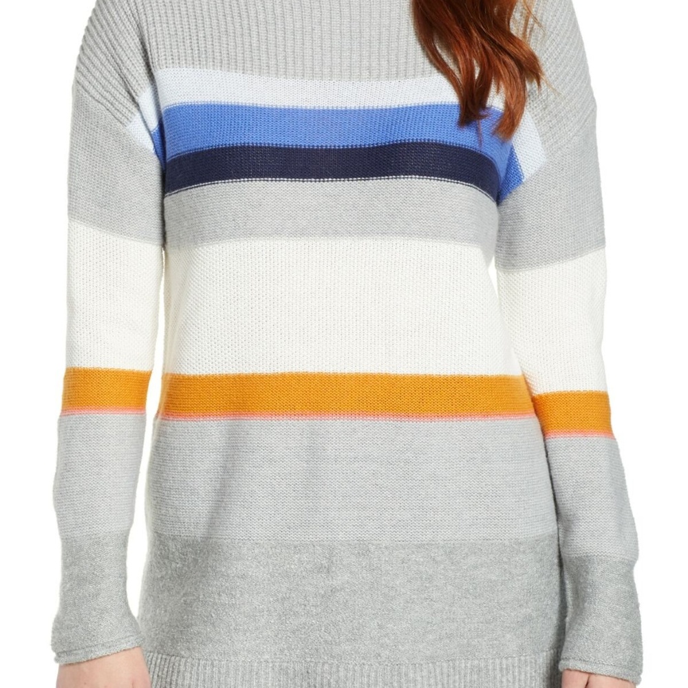 Caslon Striped Petite Gray Crew Sweater Size Large